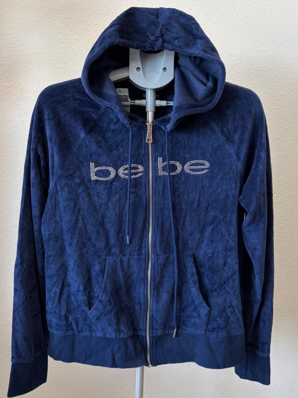 bebe Sport Velour Zip-Up Hoodie Medium Navy Blue Rhinestone Logo Y2K Style Bling
